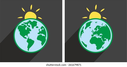 Earth with sun vector icon with green planet
