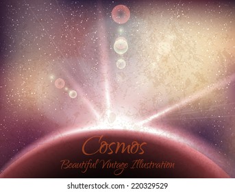 Earth sunrise with stars - vector illustration with red and yellow colors