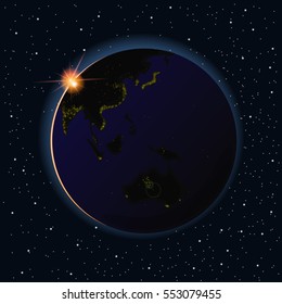 Earth sunrise vector illustration. Asia and Australia night from space.