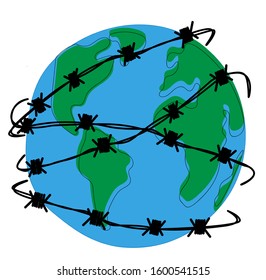 earth surrounded by barbed wire over white background.
concept of world crisis, world war.