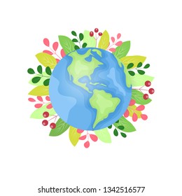 The Earth is surrounded by flowers, Happy Earth Day. Vector illustration on white isolated background