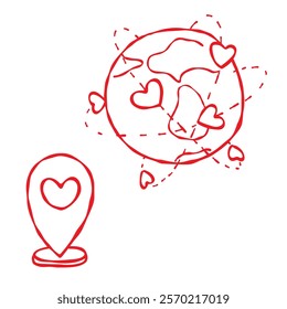 Earth surrounded by orbiting hearts and a GPS symbol. Hand drawn doodle style, isolated on a white background. Valentine s Day, wedding, cards, invitations, stickers, web design, cards, prints, travel