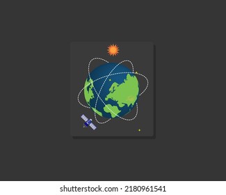 Earth is surrounded by satellites, there is also the sun. with black background