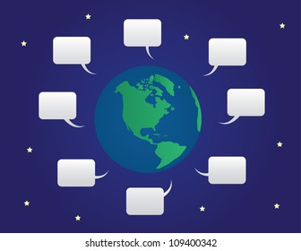 Earth surrounded by various speech bubbles