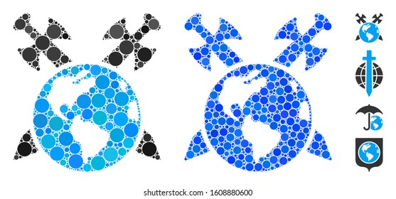 Earth swords composition of filled circles in various sizes and color tinges, based on Earth swords icon. Vector small circles are grouped into blue mosaic.