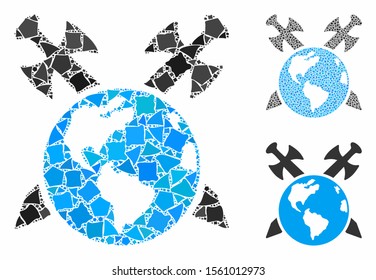 Earth swords mosaic of unequal pieces in different sizes and color tinges, based on Earth swords icon. Vector irregular pieces are composed into collage.