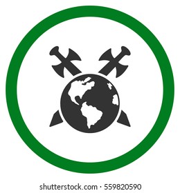 Earth Swords vector bicolor rounded icon. Image style is a flat icon symbol inside a circle, green and gray colors, white background.