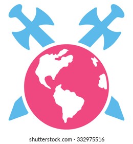 Earth Swords vector icon. Style is bicolor flat symbol, pink and blue colors, rounded angles, white background.