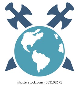 Earth Swords vector icon. Style is bicolor flat symbol, cyan and blue colors, rounded angles, white background.