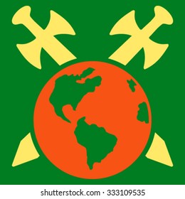 Earth Swords vector icon. Style is bicolor flat symbol, orange and yellow colors, rounded angles, green background.