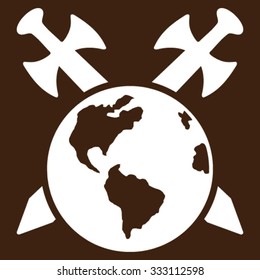 Earth Swords vector icon. Style is flat symbol, white color, rounded angles, brown background.