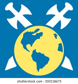 Earth Swords vector icon. Style is bicolor flat symbol, yellow and white colors, rounded angles, blue background.