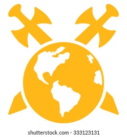 Earth Swords vector icon. Style is flat symbol, yellow color, rounded angles, white background.