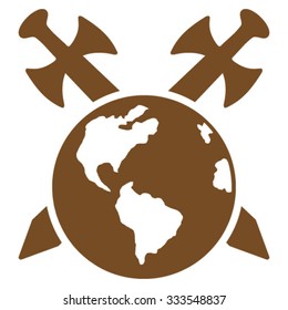 Earth Swords vector icon. Style is flat symbol, brown color, rounded angles, white background.