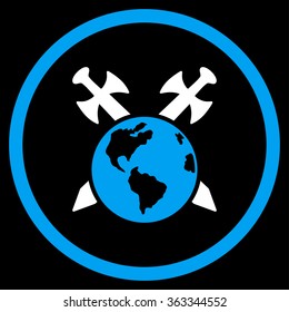 Earth Swords vector icon. Style is bicolor flat circled symbol, blue and white colors, rounded angles, black background.