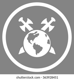 Earth Swords vector icon. Style is flat circled symbol, white color, rounded angles, gray background.