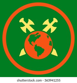 Earth Swords vector icon. Style is bicolor flat circled symbol, orange and yellow colors, rounded angles, green background.