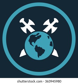 Earth Swords vector icon. Style is bicolor flat circled symbol, blue and white colors, rounded angles, dark blue background.