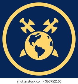 Earth Swords vector icon. Style is flat circled symbol, yellow color, rounded angles, blue background.