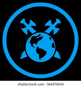 Earth Swords vector icon. Style is flat circled symbol, blue color, rounded angles, black background.