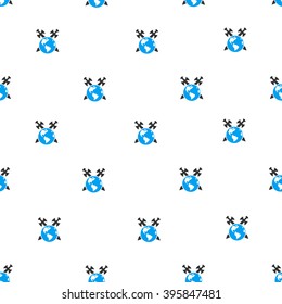 Earth Swords vector seamless repeatable pattern. Style is flat blue and dark gray earth swords symbols on a white background.