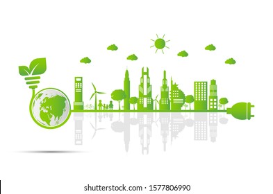 Earth symbol with green leaves around.Ecology.Green cities help the world with eco-friendly concept ideas