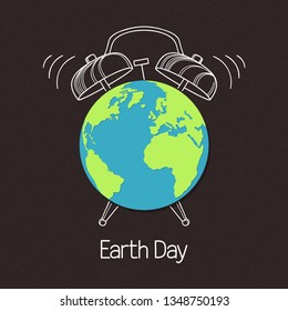 Earth symbol with hand drawn alarm clock over blackboard texture. Concept for Earth Day, Hour, environment and ecology issue and any global problem