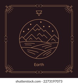 Earth symbol of nature, one of four elements. Golden sacred magic sign, alchemy, cosmology, philosophy symbol thin line vector illustration
