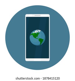 Earth symbol on mobile phone screen. Vector illustration.