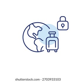 Símbolo de la tierra, maleta y cerradura. Vacaciones y vacaciones seguras. Viajes seguros. Icono de Vector de trazo perfecto y editable