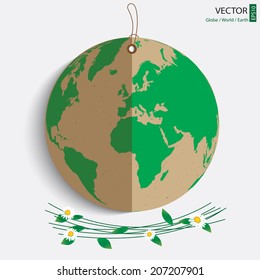 earth tag brochure, green world map on brown recycle paper globe, save the earth background creation, vector illustration