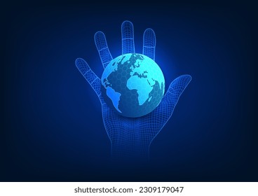 Earth technology background on hand It means that the world's technology is controlled by users to benefit the business Technology plays role in the Internet data transmission and business development