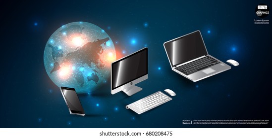 Earth of Technology  Communication Cellphone, Computer, Laptop, - modern Idea and Concept   Vector  illustration  Business Infographic template.	
