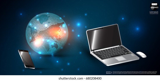Earth of Technology  Communication Cellphone, Laptop, - modern Idea and Concept   Vector  illustration  Business Infographic template.