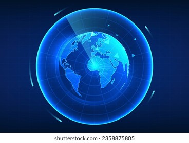 Earth technology. Globe overlaid with radar. Refers to GPS technology that can tell the location of the destination to travel to or the user's location in which corner of the world.