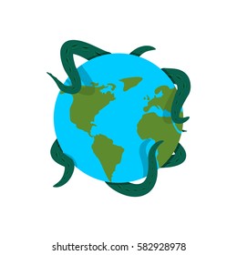 Earth in tentacles of monster. Cthulhu conquest of planet. Giant octopus hugging Globe
