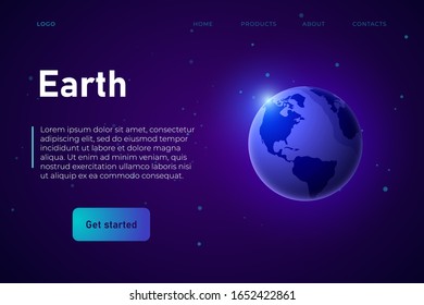 Earth themed landing page template in neon violet style, 3d earth icon as a main object of the illustration.