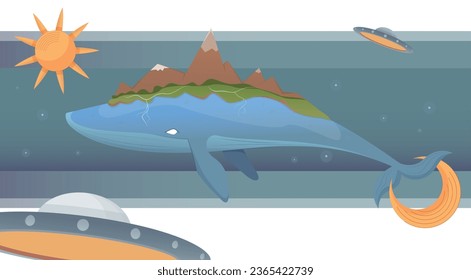 Earth theory flat composition with floating whale with mountains on back surrounded by flying ufo starships vector illustration