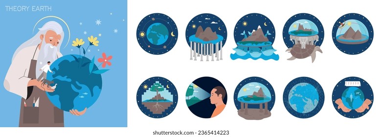 Earth theory flat composition set with god holding planet and other ancient representations of world isolated vector illustration