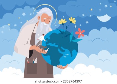 Earth theory flat concept with caring god character creating our world vector illustration