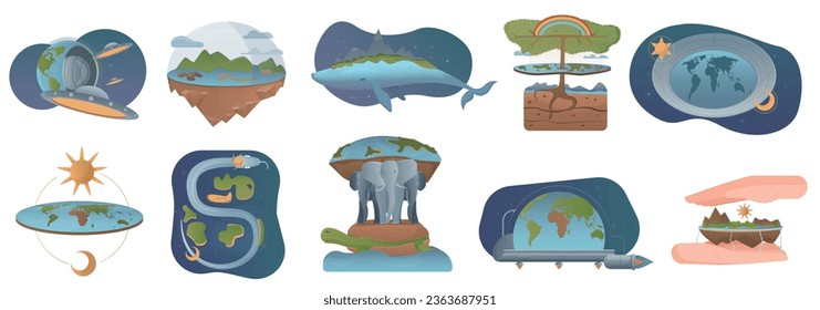 Earth theory set with flat isolated icons of whale three elephants and turtle with flying ufo vector illustration