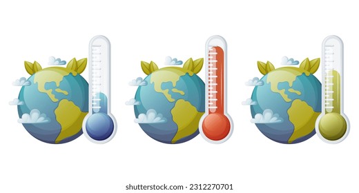 Earth and thermometer with indicator. The global problem of warming and cooling. The concept of ecology, save the planet, protect the environment. Vector illustration