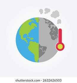 Earth with thermometer and smoke, showing contrast of healthy and polluted environment.