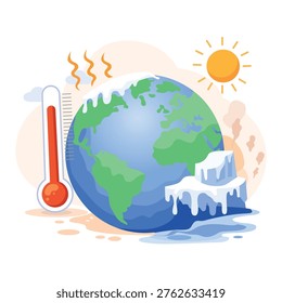 Earth with thermometer sun heat waves and melting icebergs representing global warming