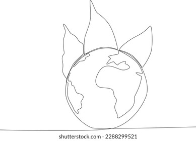 An earth with three leaves behind it. World environment day one-line drawing