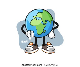 Earth thumbs down cartoon. Mascot Character vector.