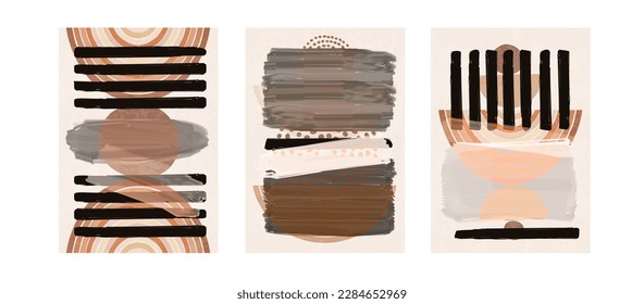 Earth tone abstract shapes and lines composition. Abstraction with cutout organic elements and irregular forms with different textures. Set of artistic collages. Vector illustration cards