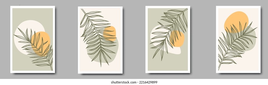Earth tone background foliage line art drawing with abstract shape