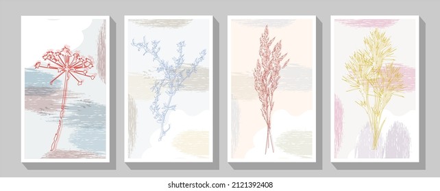 Earth tone boho foliage flower line art drawing with bird and butterfly.  Colorful geometric background, vector illustration.