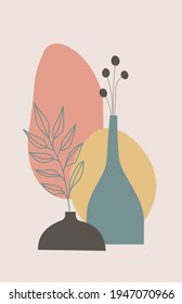 Earth tone boho foliage line art drawing. Hand drawn plants and herbs with leaves in vases with circular shapes in background. Tropical floral design. Minimal and natural Modern vector illustration, poster, wall art, print, cover.